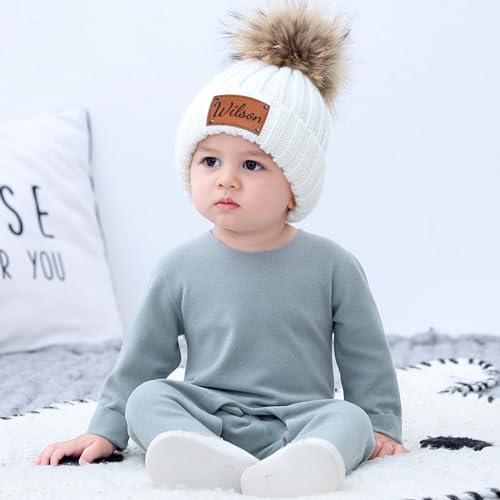 Custom Name Baby Beanies Grey Hats for Boys Girls - Personalized Leather Patch Beanies with Pompom for Kids Adults3