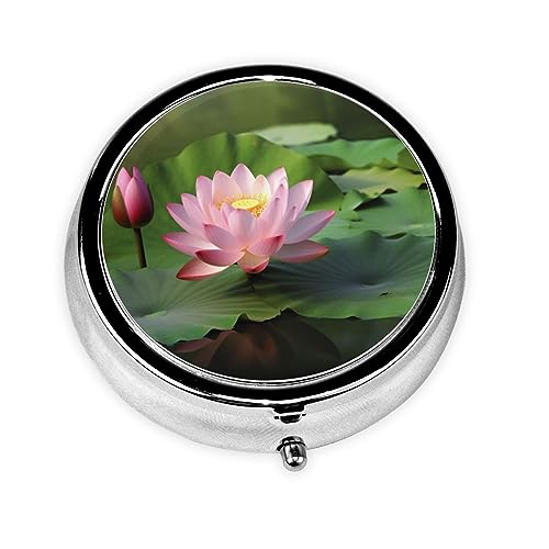 Bella scatola per pillole rotonda con stampa di fiori di loto a 3 scomparti per medicine portapillole portatile contenitore per pillole per integratori di medicina quotidiana vitamina