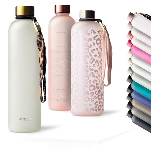 MAMEIDO Trinkflasche 1 l Kohlensäure geeignet, auslaufsichere Water Bottle mit Zeitmarkierung, Wasserflasche BPA frei für Sport, Gym & Büro (Ivory Beige)