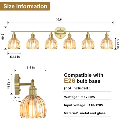 Image of Vintage Bathroom Light fixtures, Gold Vanity Lights, ETL Certified