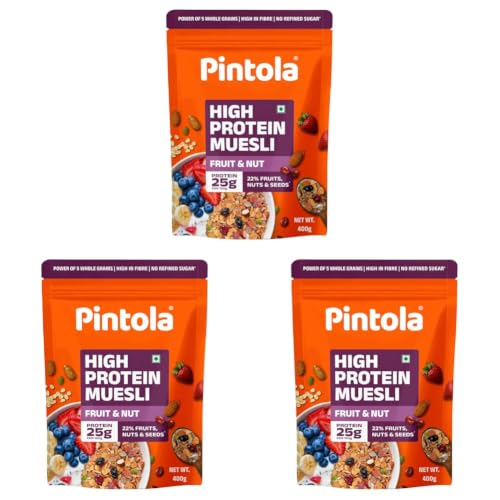 Image of Pintola 25g High Protein Muesli, Fruit & Nut, 400g | Gluten-Free, Naturally Sweetened with Organic Jaggery & Dates, 22% Fruits, Nuts & Seeds, No Refined Sugar, Healthy Breakfast Cereal (Pack of 3)