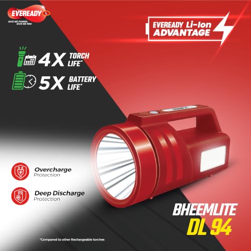 Image of Eveready Bheemlite DL94, 4W Rechargeable LED Torch & 4W Sidelight, USB Type-C Fast Charging, 4 Light Modes, Overcharge & Deep Discharge Protection, Shoulder Strap Included, Powered by Li-ion Battery
