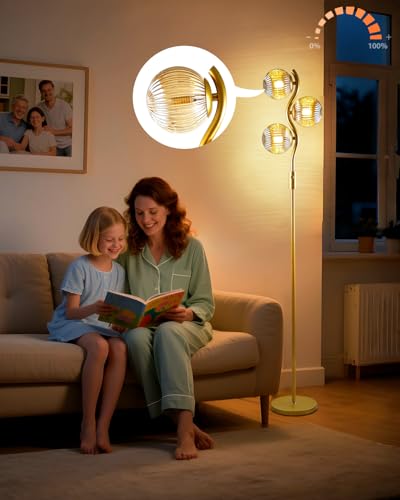 Image of Lightdot 60IN Dimmable Gold Floor Lamp with Glass Globe Mid Century Standing Lamps with 3Pcs 3000K Bulbs Included Modern Tall Lamp with 5Lbs Heavy Iron Base for Bedroom /Sofa Beside /Corner Decor