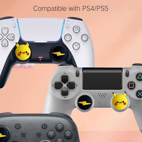 Image of PERFECTSIGHT Cute Thumb Grip Caps for Switch 2, PS5 PS4 Xbox Series X /S Xbox One Switch PRO Controller Steam Deck, 4PCS Soft Rubber 3D Thumbsticks Button Joystick Cover Set, Yellow Pika