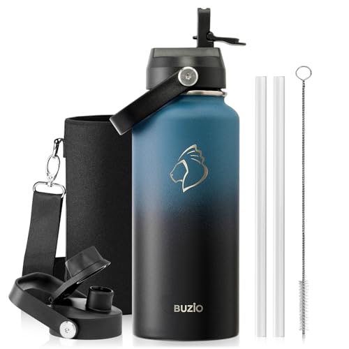 BUZIO Water Bottle with Straw Lid and Flex Cap, 32oz Modern Double Vacuum Stainless Steel Water Flask, Cold for 48 Hrs Hot for 24 Hrs Simple Thermo Canteen Mug, Indigo Black 32 Ounces Indigo