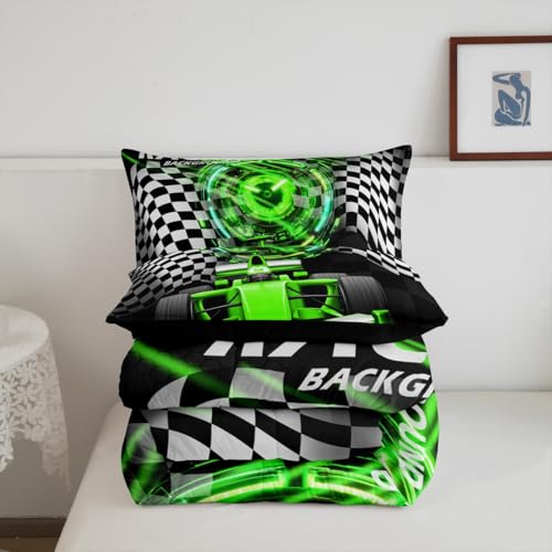 Image of Feelyou Kids Green Racing Car Bedding Set Twin Size, Extreme Sports Comforter Set Boys Girls Karting Road Duvet Insert Teens Bedroom Decor Microfiber Bed Set