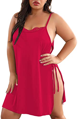 Image of Women Plus Size Lace Babydoll Lingerie Side Slit Strappy Chemise Sleepwear