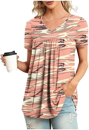 Womens Summer Puff Short Sleeve Tops Dressy Casual V-Neck T-Shirts Cute Blouse for Work Solid Colour Tops