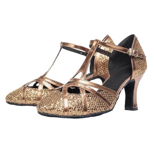 Women's Latin Dance Shoes Ballroom Dance Shoes Women Glitter Modern Latin Shoes for Latin, Salsa, Samba, Chacha(Brown 7cm,39(24.5cm))