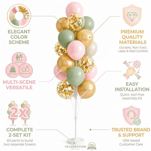 Image of Hiins Balloon Column Kit Set of 2 With Balloons Included - with Base, and Pole,Balloon Tower Backdrop Decoration for Wedding, Baby Shower, Birthday Party, or Bachelorette Parties (Sage Green Gold)