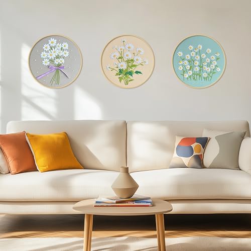 Image of KEKEMEOW 3 Sets Embroidery Kit for Beginners, Stitches with Wild Flower Patterns, DIY Cross Stitch Kits for Adults, Needlepoint Hand Embroidery Kit with Stamped Pattern、Instruction、Hoop