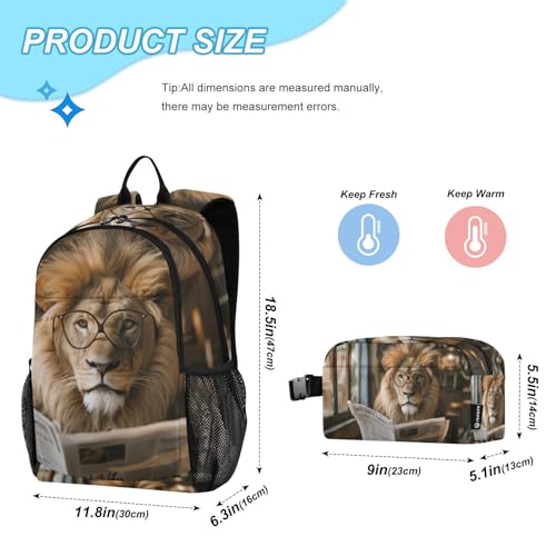 Backpack Lunch Bag Set for Travel Hiking Picnic, Lion Reading Newspaper Print Backpacks with Insulated Lunch Box2