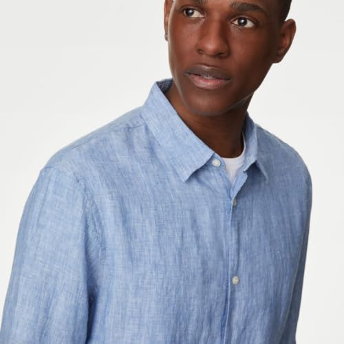 Image of Marks & Spencer Mens Solid Linen Blend Collared Neck Regular Fit Easy Iron Shirt