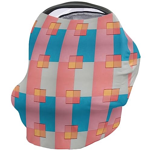 Nursing Cover for Breastfeeding Scarf, Blue Pink Plaid Color Block Geometric Baby Car Covers Super Soft Multi Use for Canopy Shopping Cart Cover Blanket Stroller Cover