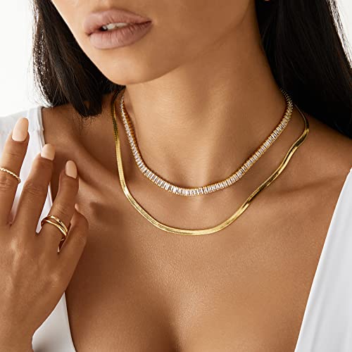 KissYan Diamond Tennis Necklace for Women, 14K/White Gold Plated Cubic Zirconia Baguette Tennis Chain Chunky Paperclip Link Cuban Choker Necklace Dainty Jewelry Gifts2