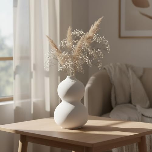 Image of PUREZENTO 'Orio' White Ceramic Vase 12 Inches - Pack of 1 | Decorative Vase for Dried Flowers & Pampas Grass | Vases for Modern Home Decor, Living Room, Office Decor Ideas