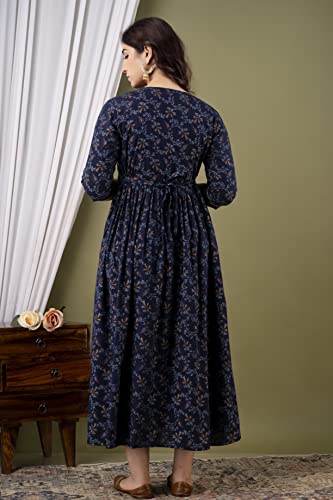 Image of Amazon Brand - Tavasya Women Botanical Floral Printed Maternity Midi Dress | Round Neck | 3 /4 Ruffle Sleeves | Concealed Feeding Zip | Gathered Tiered Nursing Dress