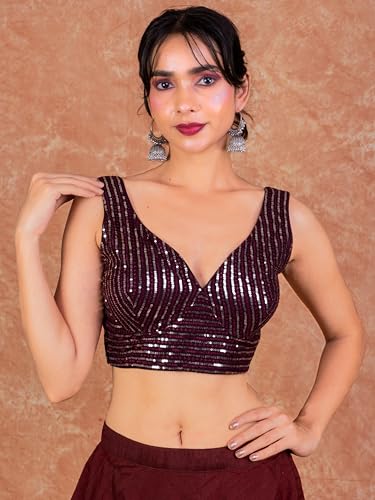 Image of FIGURE'S DESIGNER Women's Sequin Embroidered SabyaSachi Cut Sweetheart V Neck Sleeveless Readymade Saree Blouse E30
