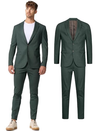 JEFF Herren JFLuke Set Anzug 2-teilig Sakko Hose Bundle | elastischer Herrenanzug Regular Fit für Männer Green Herringbone, 54