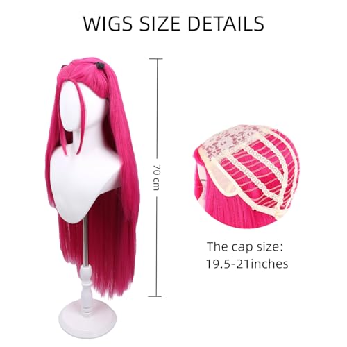 Image of Hot Pink Wigs for Kids Girls Magenta Wig with 2 pigtails Long Straight Pink Wig for Child Halloween Party Anime Cosplay Wigs