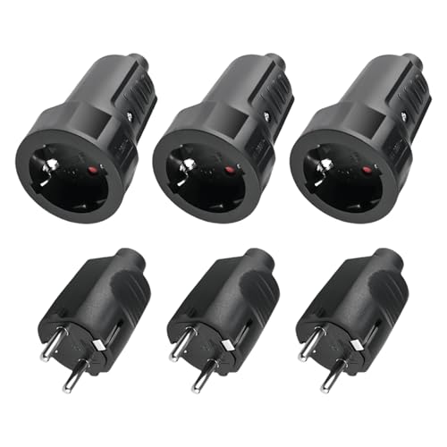 3x Schuko Stecker Kupplung: Sporgo Stecker 230V IP44 Aussenbereich Schutzkontaktstecker mit Knickschutz, 2-Poliger 16A & 3,7kW Gummi Kupplung f&uuml;r Au&szlig;enbereich, Schukostecker Kupplung 230V (Schwarz)