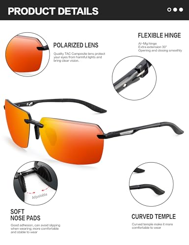 Image of BIRCEN Mens Polarized Sunglasses for Driving: Rimless UV Protection Sun Glasses with Al-Mg Frame for Fishing Traveling Golf