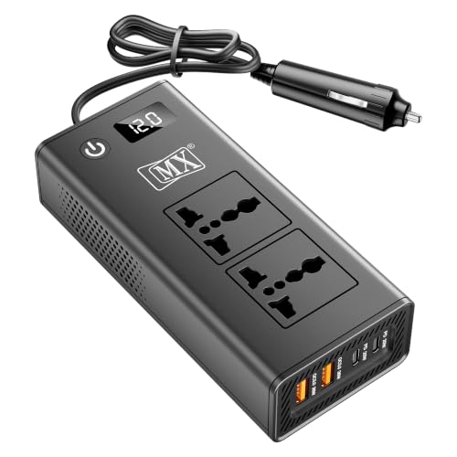 Image of MX 200W Car Power Inverter, 6-in-1 Car Laptop Charger with Dual AC Sockets, 20W Type-C PD, 36W USB Ports, Voltage Display, ON /OFF Switch, Multi-Protection,12V to 220V Car Adapter for Travel,Road Trips