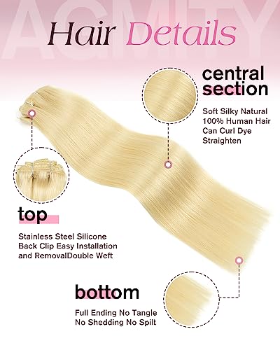 AGMITY Clip in 14 Inch 110g 7pcs Real Human Hair Natural Silky Double Weft Hair Extensions (Bleach Blonde) - Image 3