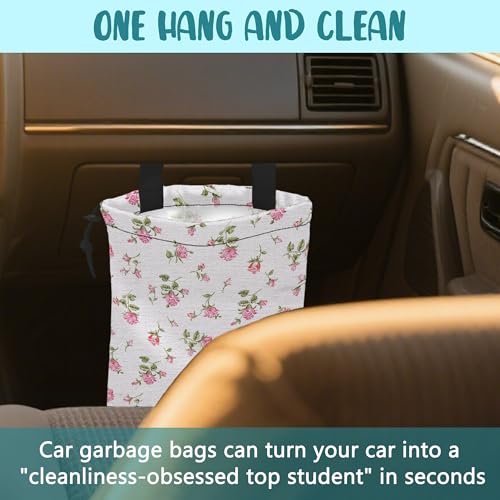 Image of Car Garbage Bag Small Pink Rose Floral Drawstring Car Trash Bag Hanging for Back Seat with Adjustable Buckle Canvas Vehicle Trash Can Easy-to-Install