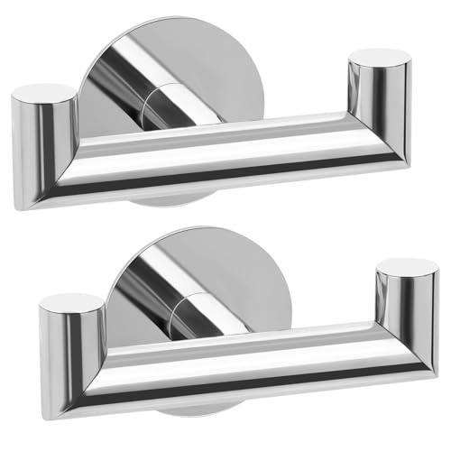 YUET Ganci Adesivi, 2 pezzi Appendi Accappatoio Bagno in Acciaio inox, Gancio Doppio Appendiabiti da Parete, Porta Asciugamani Autoadesivo per Bagno o Cucina, Argento Lucido