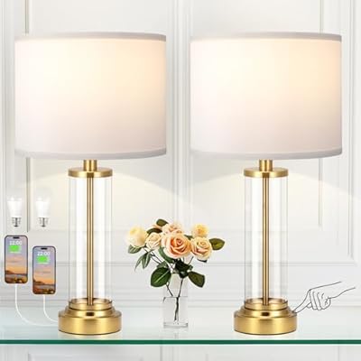 Gold Bedroom Lamps Set of 2 - Touch Bedside Lamp for Night Stands with USB C+A, 3 Way Dimmable Nightstand Table Lamps for Living Room, Modern Glass Lamp for Bed Side Guest Room