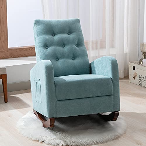 Image of LLS Nursery Rocking Chair, Modern Accent Upholstered Rocker Glider Chair with High Backrest and Side Pocket Living Room Lounge Arm Chair for Nursery Bedroom Bedroom Offices, Blue