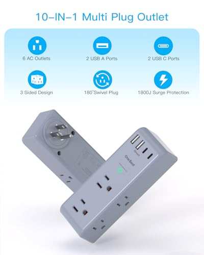 Image of Surge Protector Outlet Extender - with Rotating Plug, 6 AC Multi Plug Outlet with 4 USB Ports (2 USB C), 1800 Joules, 3-Sided Swivel Power Strip with Spaced Outlet Splitter for Dorm, Office, Grey
