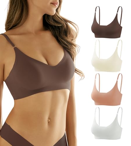 Image of DEANGELMON Seamless Bra for Women Buttery Soft Wireless Everyday Basic Bras Comfortable V Neck Padded Sleeping Bralettes