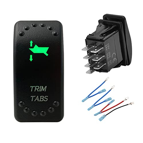 Image of Green Backlit Trim TABS Momentary Rocker Switch 7 Pin (ON)-Off-(ON) Laser Etched 3 Positions Mom Button Switch with Wires for Car Marine Boat UTV 20A /12V 10A /24V