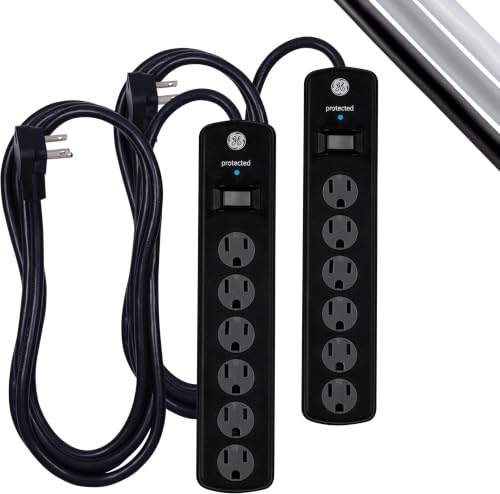 Image of GE Surge Protector Power Strip, 8 Ft Extension Cord, 6 Outlet Extender, 800 Joules, Flat Plug, Twist-to-Close Safety Covers, UL Listed, Black, 54643 2 Count (Pack of 12)
