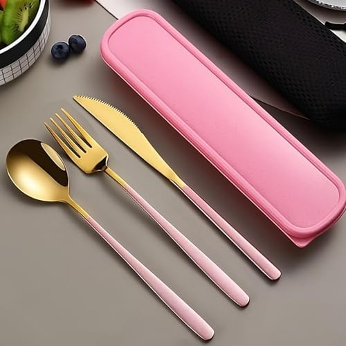 Image of BonZeaL Stainless Steel Pink Gold Cutlery Set for Dinning Table 3 Pieces Silverware Set Premium Flatware Set with Gift Box Dinnerware Tableware Set Portable Travel Cutlery Set Gift ForTravellers