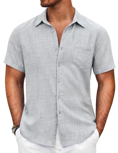 COOFANDY Camisa Hombre Manga Corta Casual Verano Vacaciones Ligera Botones con Bolsillo en el Pecho Gris L
