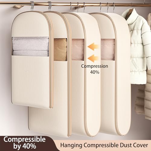 2025 Space Saving Hanging Garment Bag with Self Compression Zipper - Garment Bags for Hanging Clothes, Dustproof, Wrinkle-Free Storage Solution, Great for Closet, Wardrobe & Travel (White, XL)4