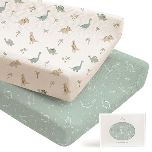 Image of Konssy 2 Pack Muslin Changing Pad Covers for Boys, Ultra Soft & Breathable Cotton Baby Diaper Changing Table Covers, Neutral Nursery Diaper Changing Pad Sheets (Dino Jungle,Sage Dino