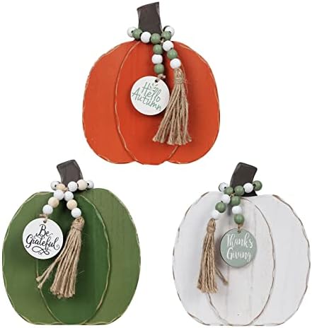 DECSPAS Fall Decorations for House, Giant Dimension 3 Pcs Wood Pumpkin Block for Fall Decor, Ornamental Wooden Pumpkin Signal With Wooden Beads Garland for Residing Room, Mantle, Desk, Thanksgiving Decorations