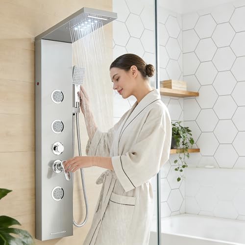 HARNART Système de Panneau de Douche avec 5 Modes,Tour de Panneau de Douche LED,3 Jets de Massage Corporel Bec de Baignoire Pomme de Douche à Main avec Tuyau...