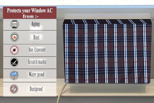 Image of The Furnishing Tree Elastic fit waterproof Polyester window ac cover suitable for Croma 1.5 Ton, Dustproof cover for inner and outer section, In CM: (67.31x66.04x45.72), Checkered Pattern Grey