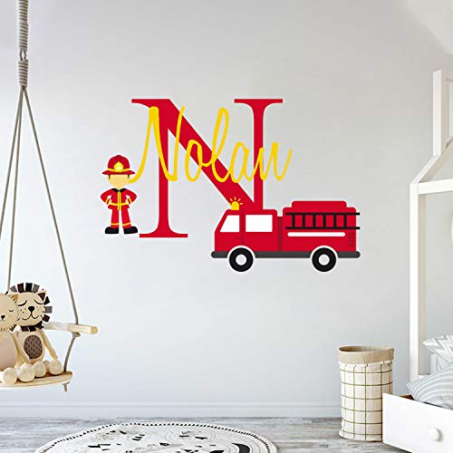 Personalized Name Firefighter And His Truck- Baby Boy - Wall Decal Nursery For Home Bedroom Children (Wide 40"X25" Height) #TOP18