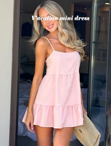 Image of OZICERD Flowy Short Sundress Mini Babydoll Dresses for Women Going Out Tiered Ruffle Beach Spaghetti Strap Swing Dress Cute