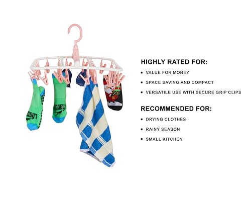 Image of Premium Cloth Drying Hanger Rack(24 Clips) 360 Degree Portable & Rotatable Clips,Baby Clothes Hanger, Foldable Hanger (Pink)