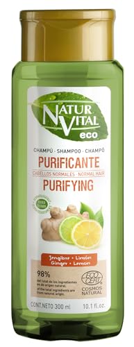 NaturVital - Champú Eco Purificante, Certificado Cosmos Natural +98% Ingredientes Naturales, Vegano, con Jengibre y Cítricos de Cultivo Bio Certificado, sin Parabenos, Colorantes ni Siliconas, 300ml