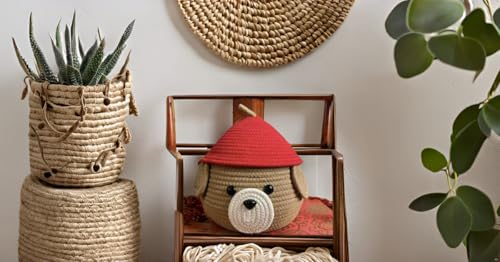 Image of Multi-Purpose Cute Jute Basket with Lid Storage Baskets for Bathroom Living Room & Kitchen Organiser Box Vanity Box First aid Box (Pack of 1) 25x20cm Beige & Red