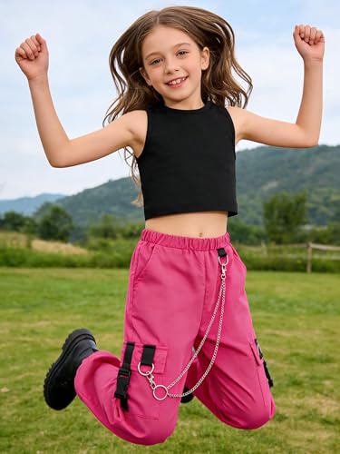 Image of Girls 2 Piece Outfit Set for Tween Girls, Sleeveless Crop Tank Top & Cargo Pants Jogger Set
