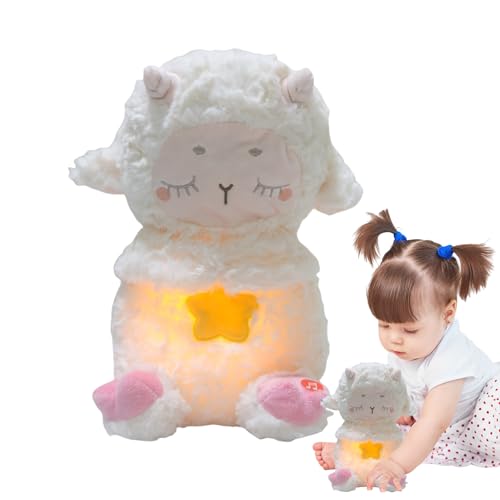 Jongyumo Peluche, 25 cm, calmante pecora con funzione calmante, giocattolo respiratorio sensoriale, con luce e musica, per ragazze, giorno di notte, casa, in viaggio, presepe